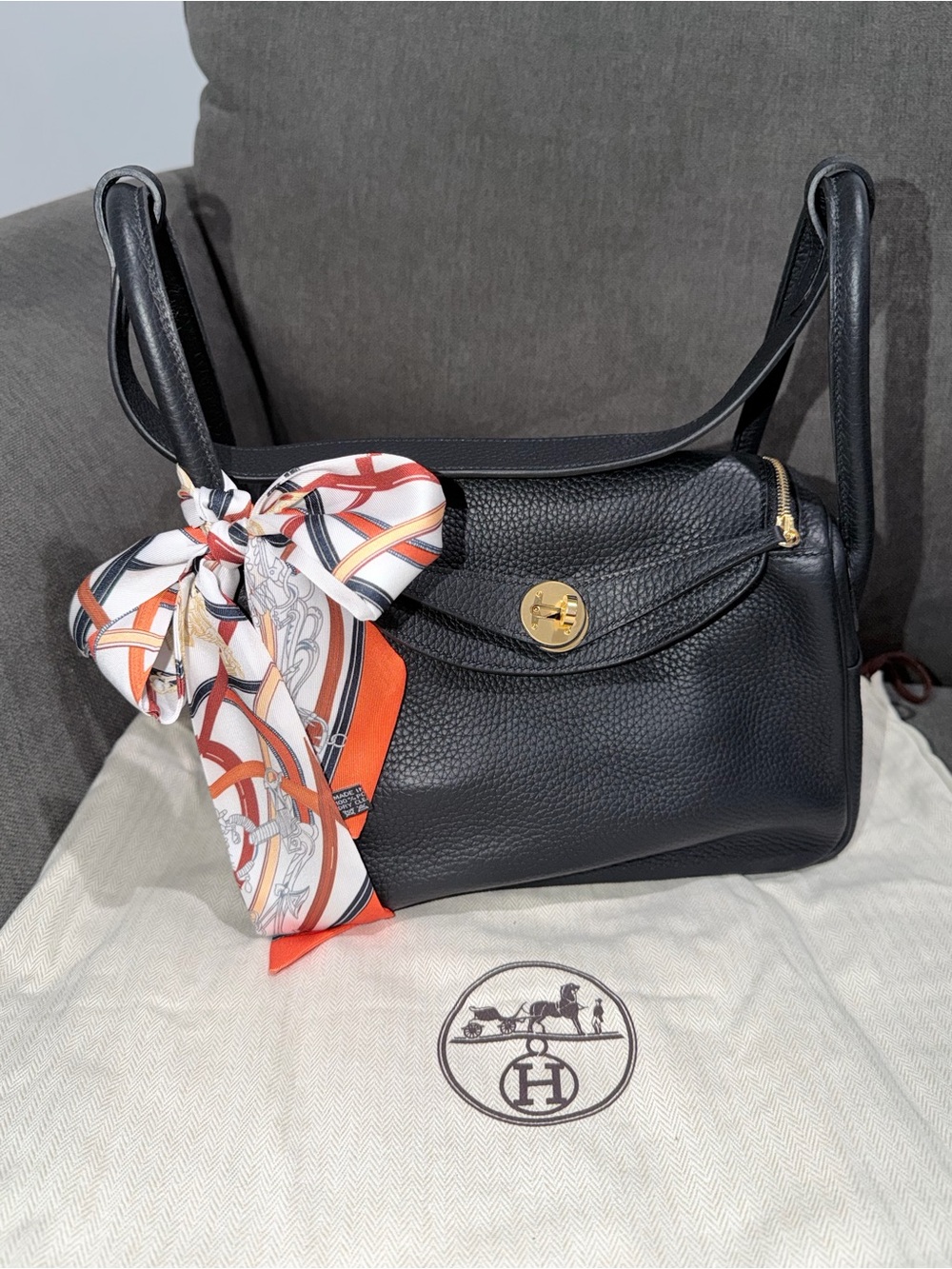 Black Leather Shoulder Bag with Twilly Accent